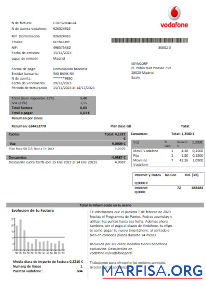 Downloadable Vodafone telecommunications utility business bill, Word and PDF template SCR